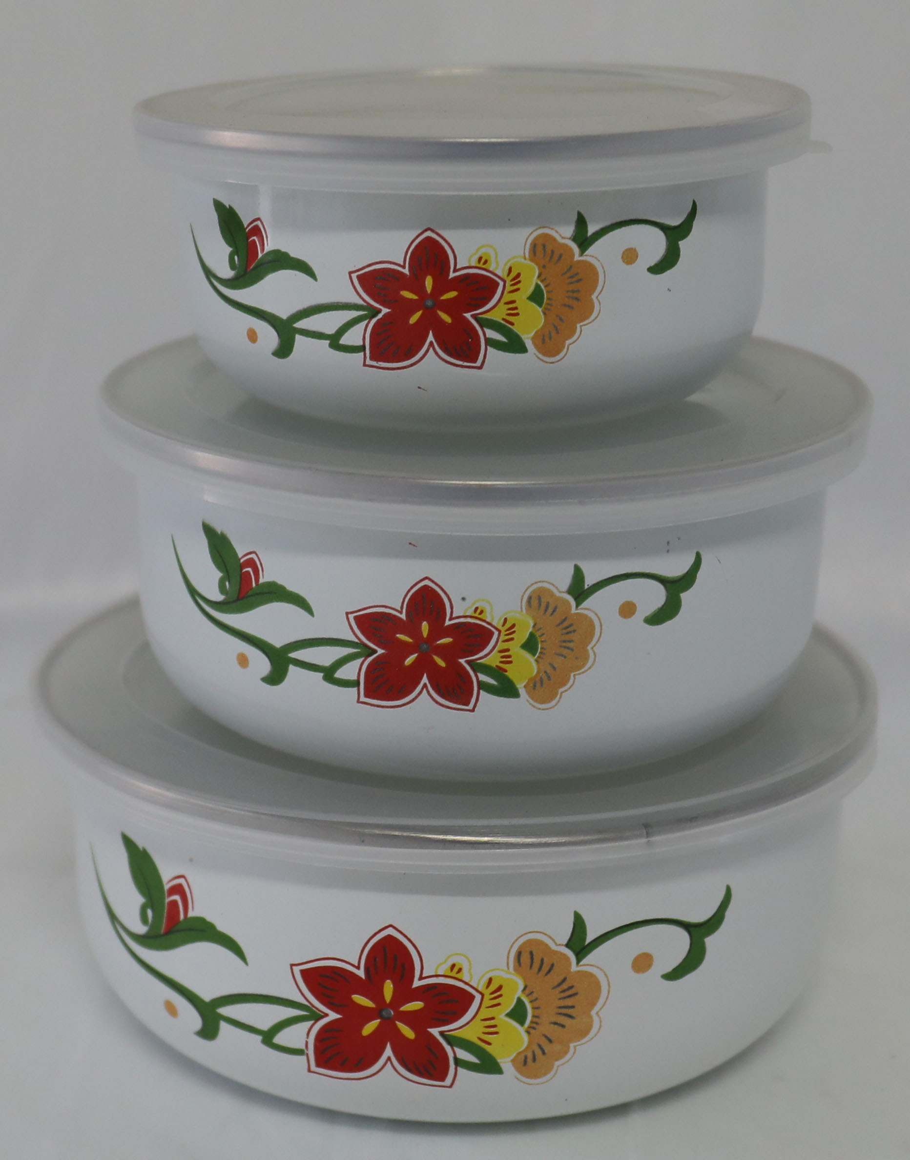 Enamel Storagel Bowl With Round Bottom, White With Deco.