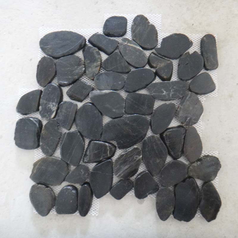 Flat Slice Black Pebble Stone Mosaic Tile For Paver