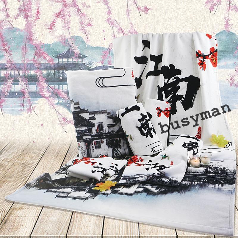cotton Chinese painting digital printed bath towel