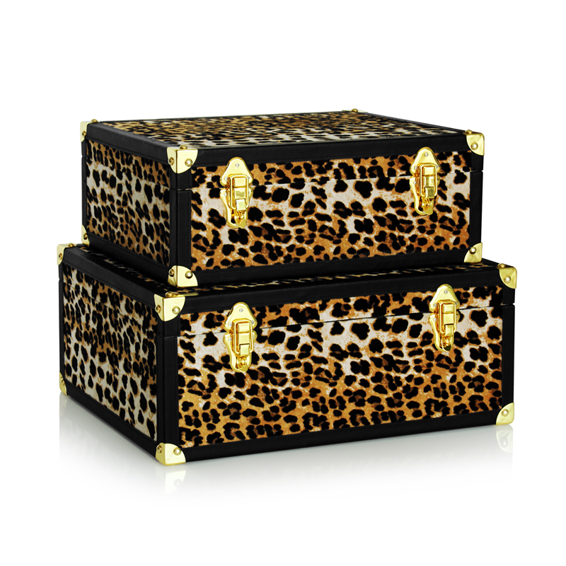 Leopard Print set of 2 Velvet Fabric storage trunk box with Metal Corners