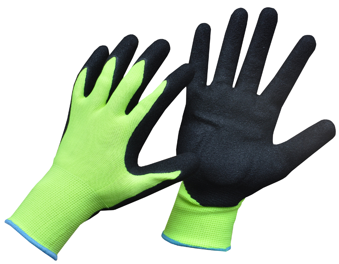 13 Gauge nylon/polyester string knitted seamless glove, with latex coating, foam finish, size 7-10