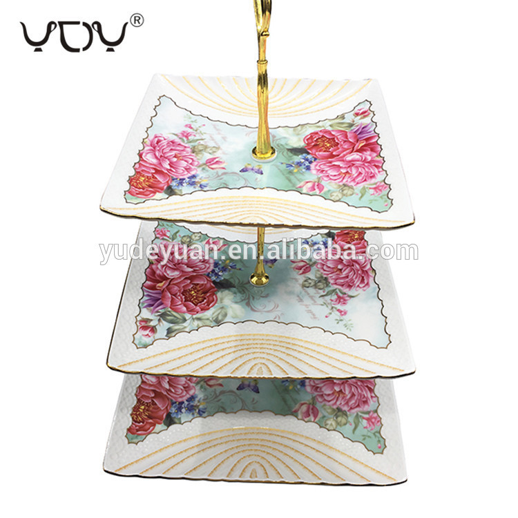 YDY flower design square three-layer ceramic birthday cake plate
