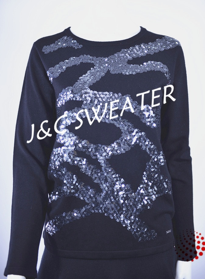 12G Ladies'sweater long sleeve pullover with sequins emb'd on front