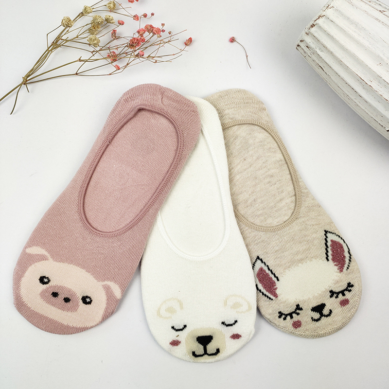 INS-01 Cotton Heel Anti Slip Ultra Low Cut Boat Invisible socks Knitted Animal Ladies Socks