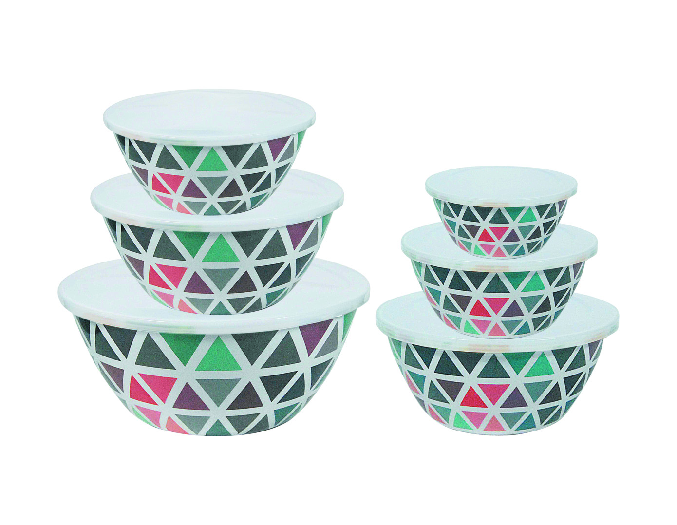 6pcs Mixing Bowl Set Melamine Including:(29.8x12.8cm H , 26.4x11.5cm H, 23.2x10.2cm H , 19.5x8.8cm H, 16x7.2cm H, 12x5.6cm H) Each Pc With Pp Lids With Color Box