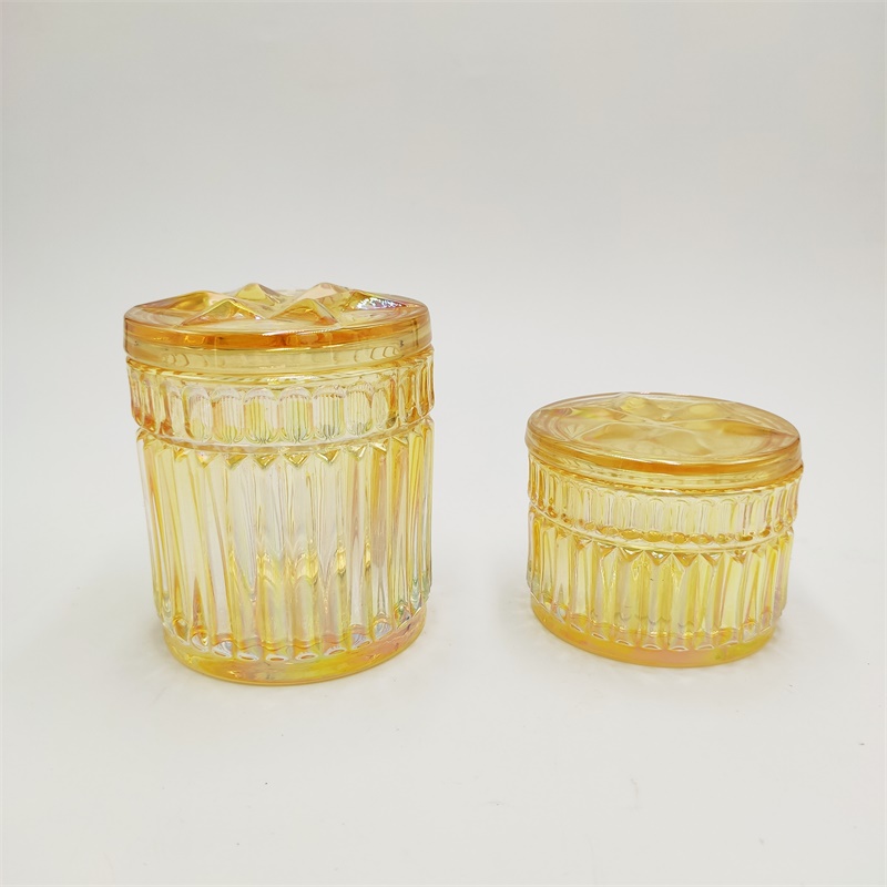 Yellow pearl finish glass candle jar with glass lid