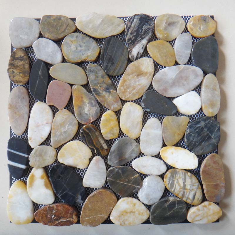Multi Color Flat Pebble Stone Mosaic On Mesh