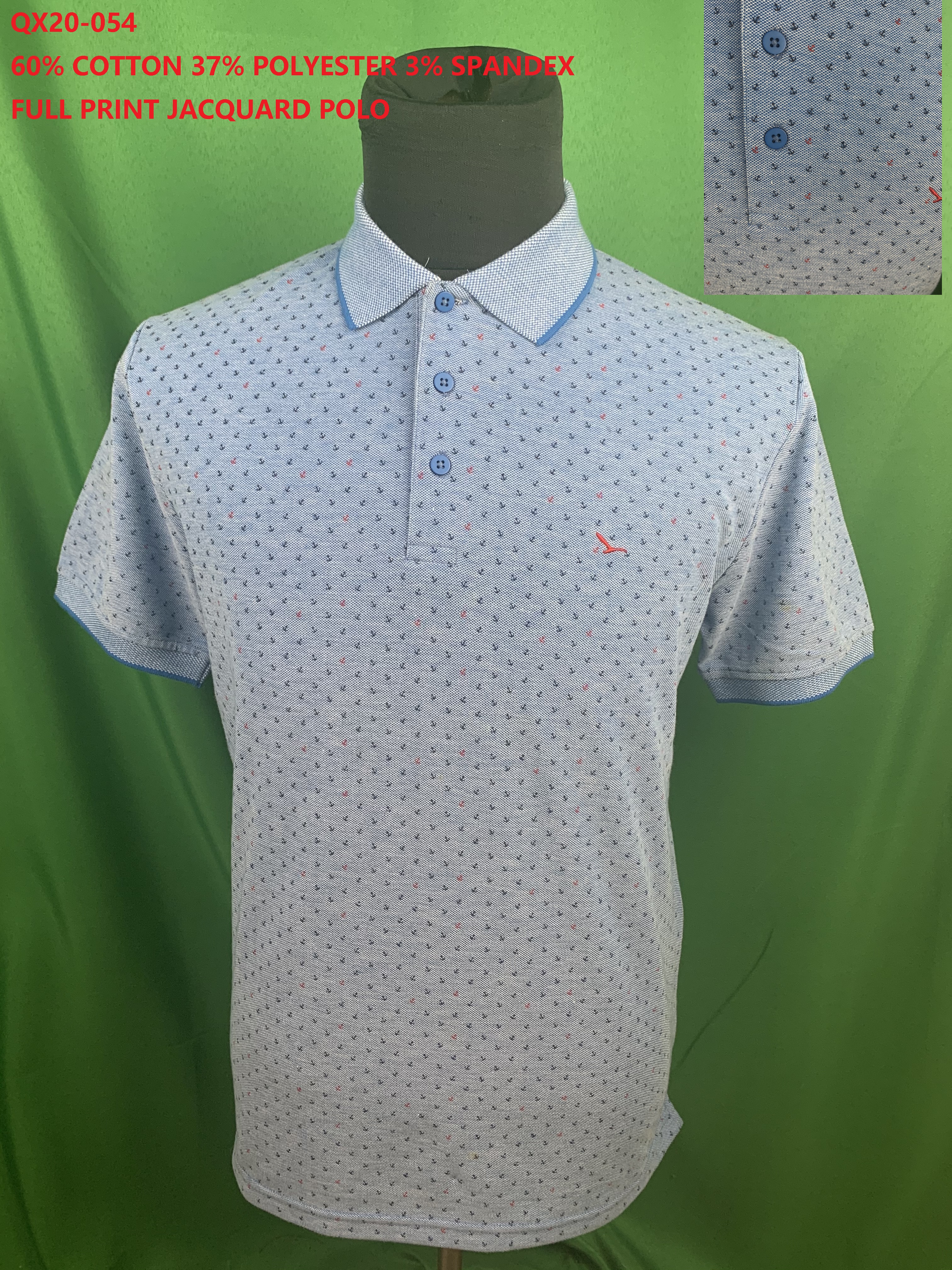 Qx20-054 Cvc Spandex Full Print Jacquard Polo