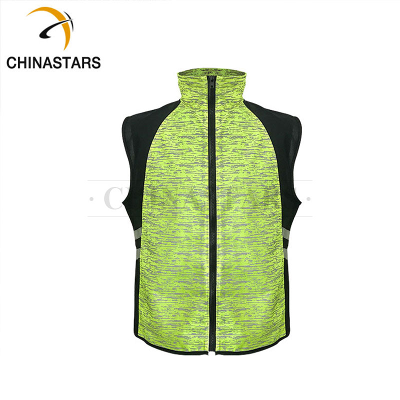Fluorescent Yellow & Black printing reflective safety running sports vest with silver reflective tape