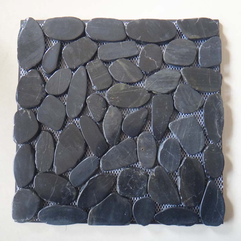 Black Sliced Mesh-Back Pebble Stone Mosaic Tile For Home And Garden