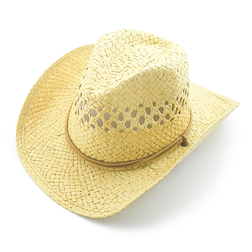 2020 New mens and ladies summer paper straw cowboy hat with chin cord