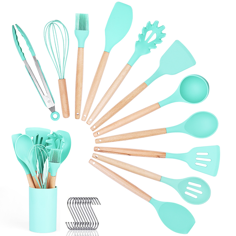 Amazon 12 Pcs kitchen utensil set heat-resistant cooking tool sets wood handle silicon kitchen set for home and kitchen