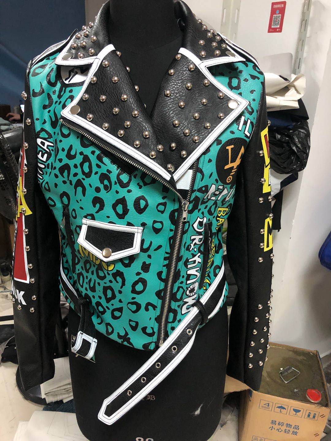 Ladies Print Embroider With Studs Pu Jacket