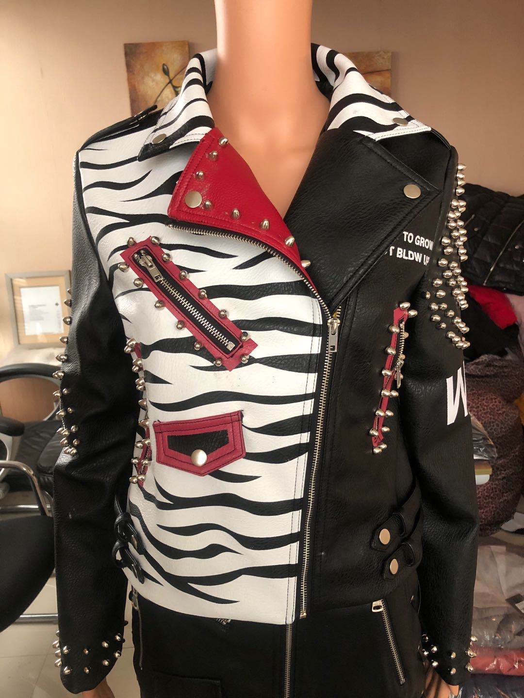Ladies Print Embroider With Studs Pu Jacket