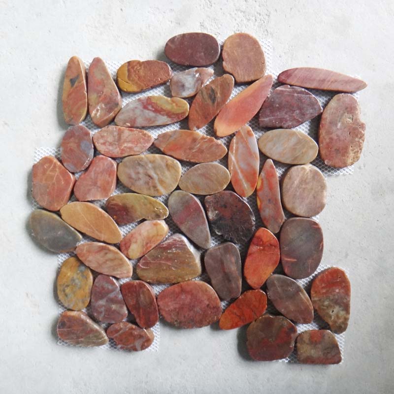 Cutting Polished Red Pebble Tile On Mesh For Interior And Exterior