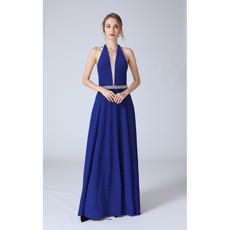 Women's halter neck rhinestone waist backless evening dress