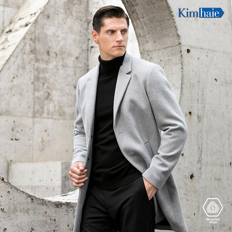 Mens light grey melange single Breasted notch lapel centre vent recycled woolen longer coat