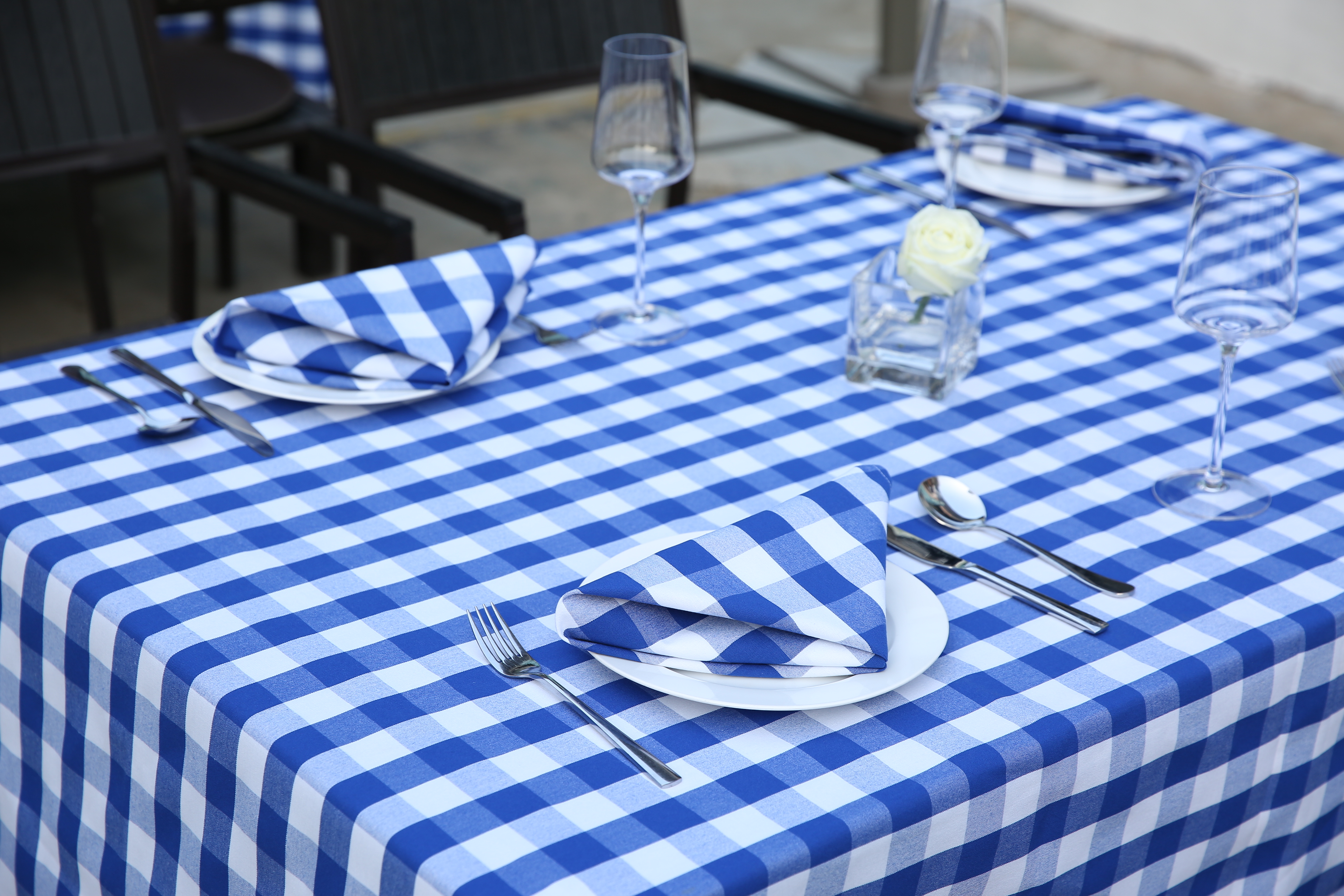 Washable yarn-dyed blue/white check tablecloth