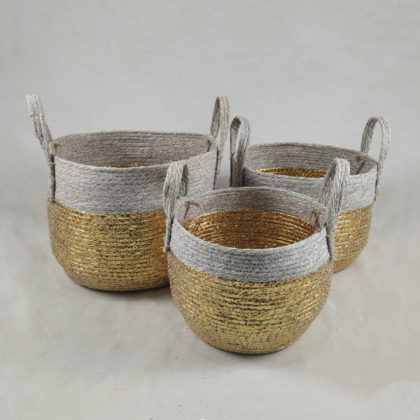 Set of 3 customized golden paper / paper rope storage basket
