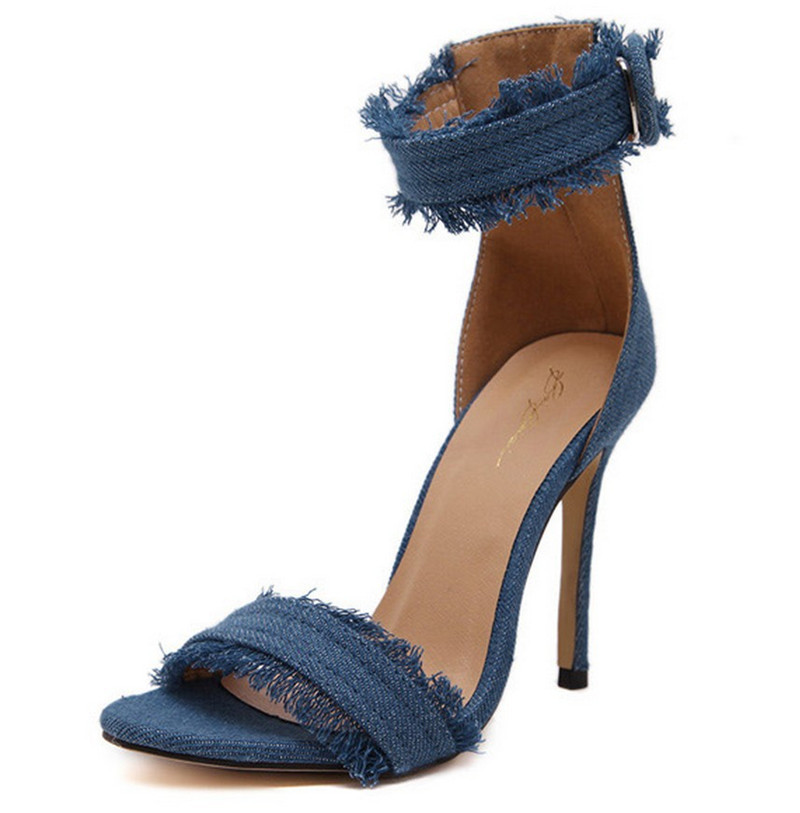 fashion strap heel sandals denim ladies shoes