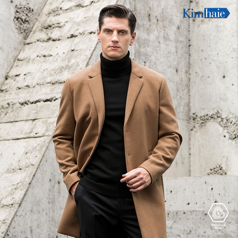 Mens brown single Breasted notch lapel centre vent recycled woolen coat
