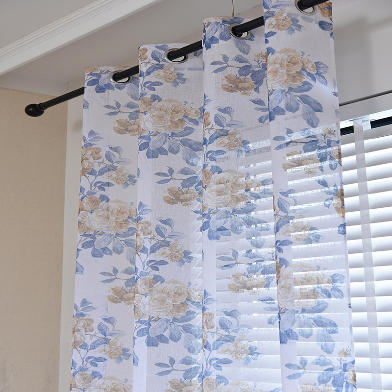 CURTAIN A3821 Fancy flower printing curtian fabric linen look blue curtains home window