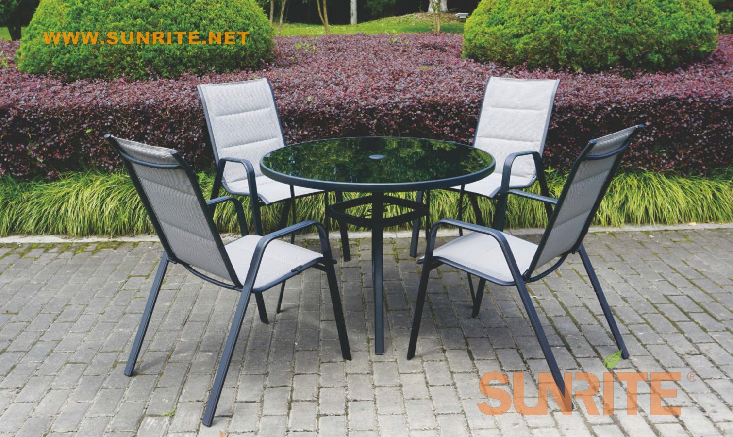Ridge 5pcs metal round glass padded sling patio furniture dining set