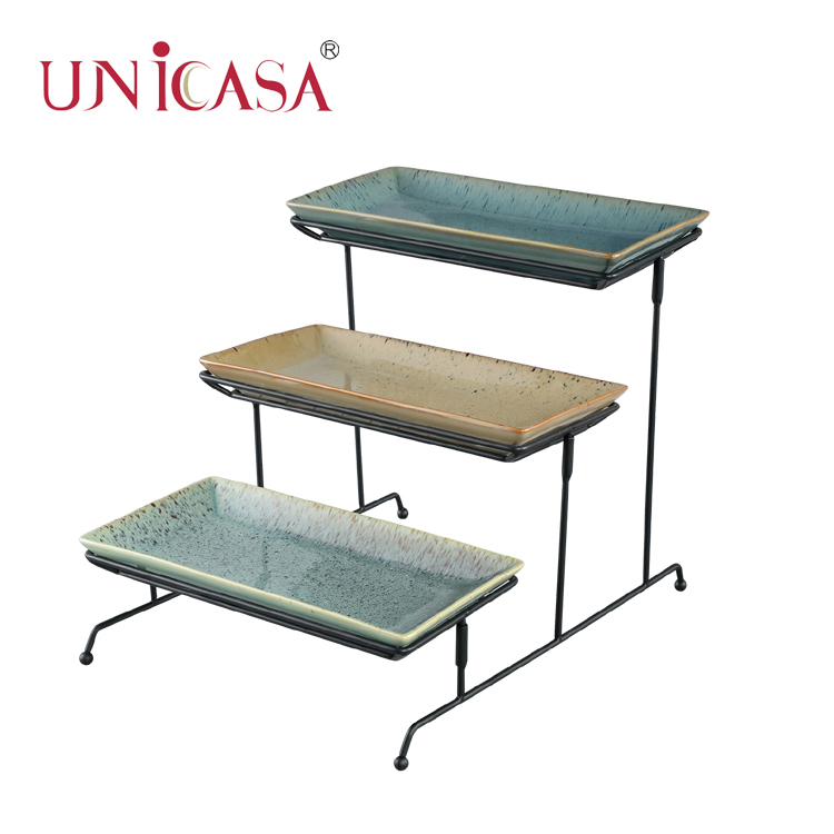 Ceramic serving ware 3 Tier Rack Stand With Rectangular Serving Plates Three Tiered Cake Serving Tray Dessert Fruit Presentation Party Food Server Display Platters In Reactive Glaze
