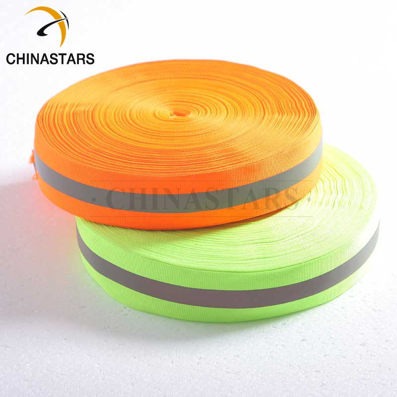 Iron-on high visibility reflective orange and silver webbing tape