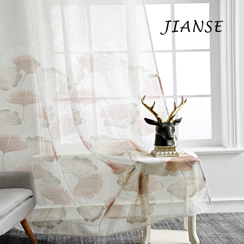CURTAIN A3871 Ginkgo leaf printing stripe curtain fabric light curtain for living room curtain manufacture