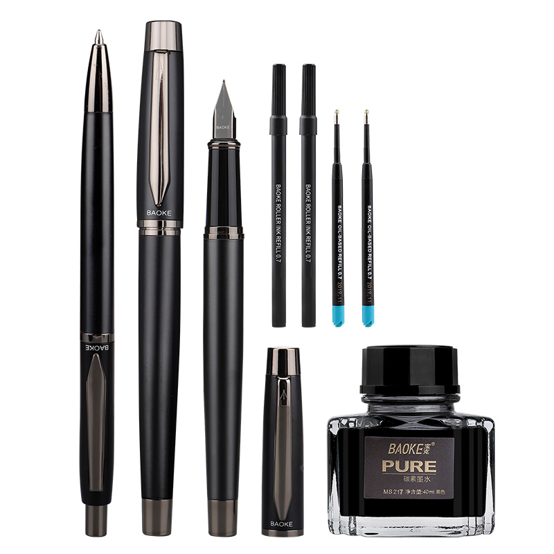 T10 gift box with 1pcs all metal body fountain pen,1pcs roller pen, 1pcs ballpoint pen and 4pcs refills and 1 bottled ink ideal business gift