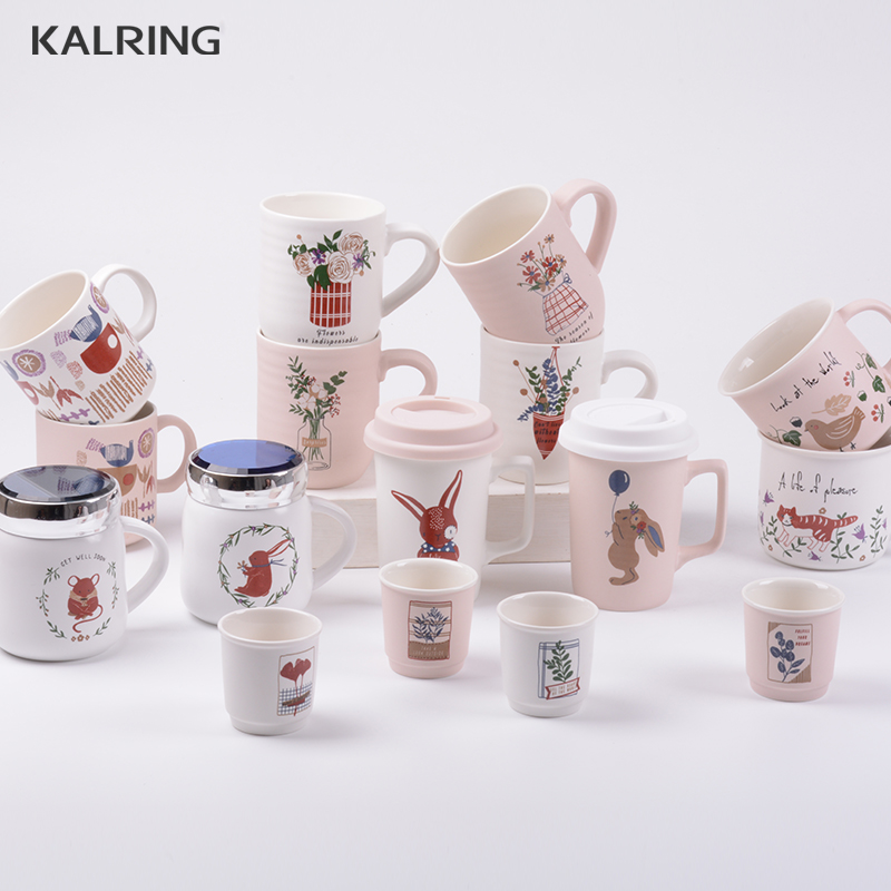 Ceramic mug with two tone color with matt glaze with cartoon animal design