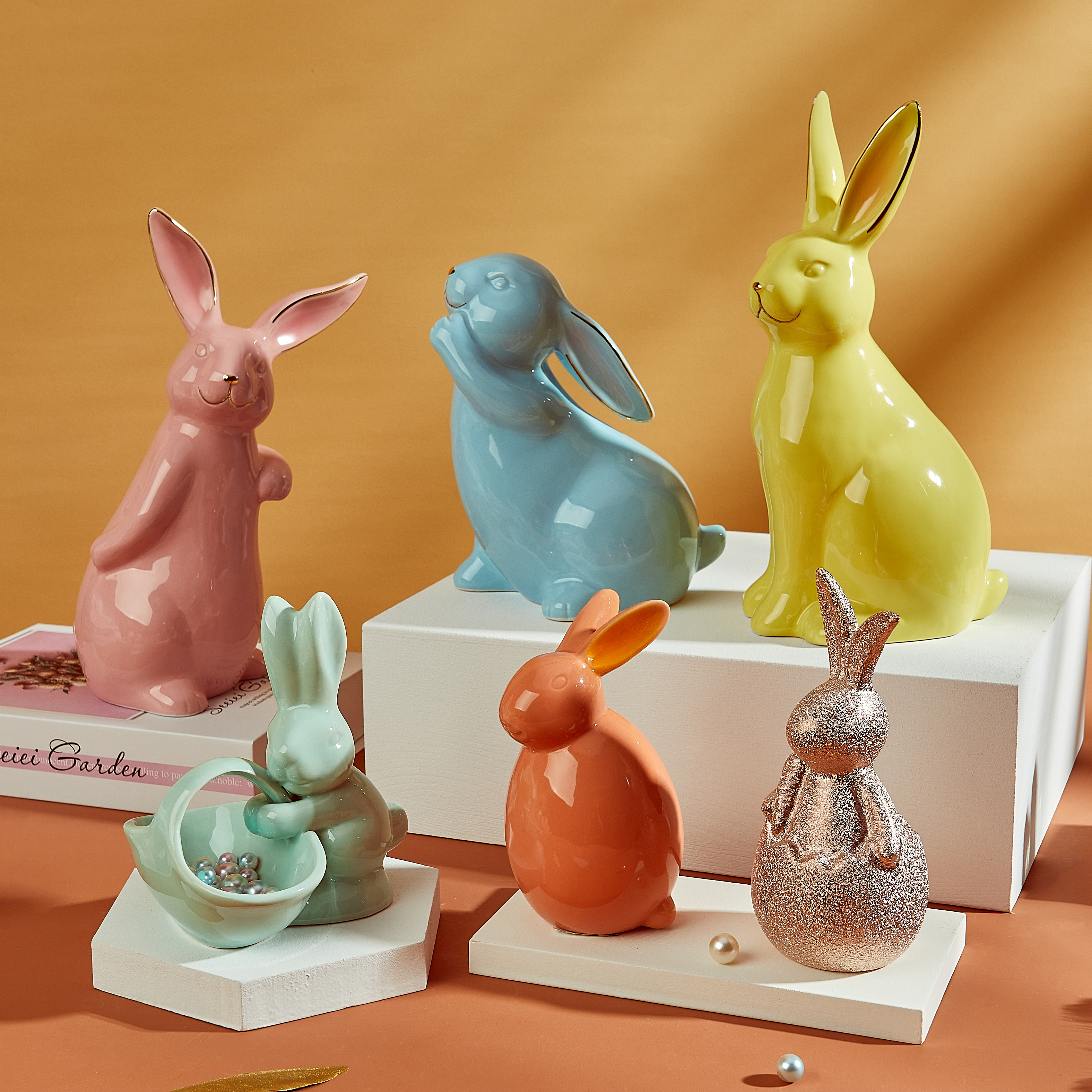 Ceramic Easter Bunny Decoration, Gold Rim Easter Rabbit Decoration