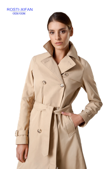 Ladies' spring and autumn windbreaker with belt and plastic button