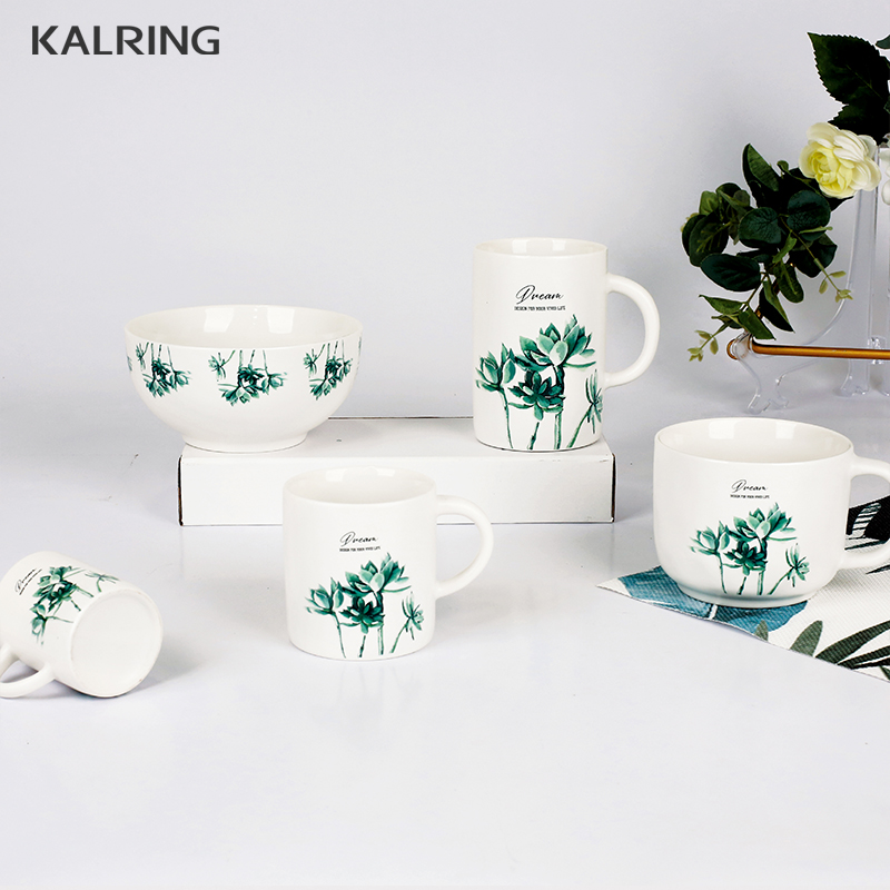 Ceramic tableware new bone china mug white color mug with green plant