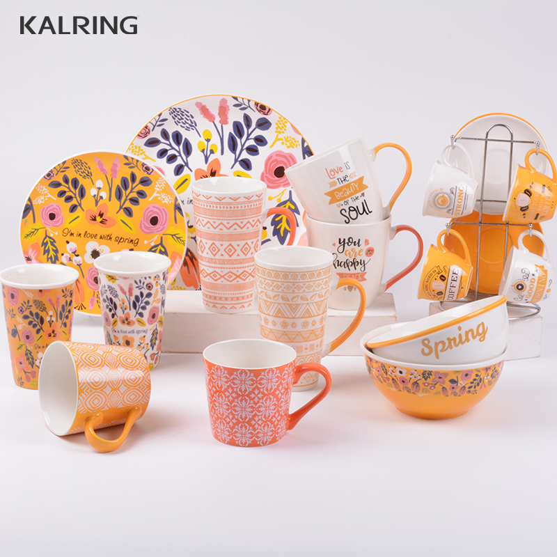 Ceramic dinner set with mug plate bowl and coffee set with light flower desgin
