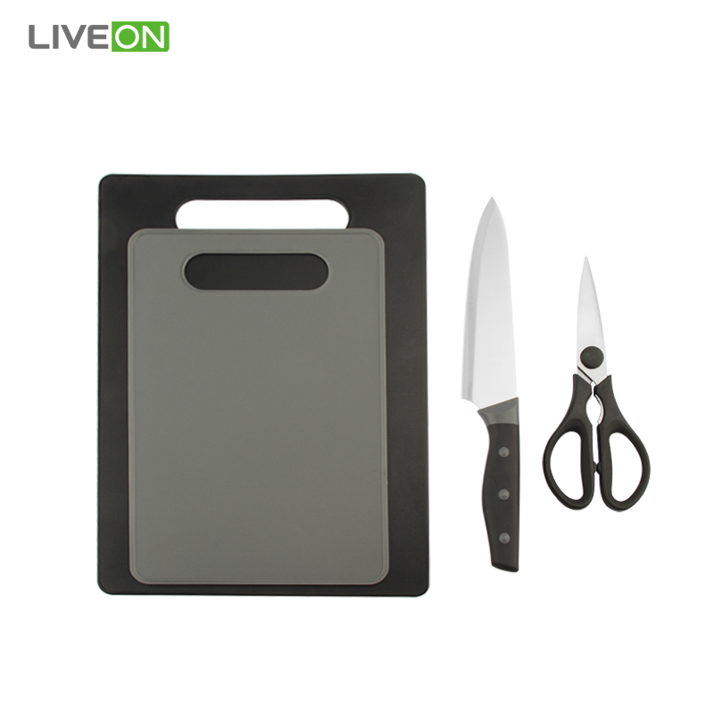Kitchen knife and scissors set with plastic cutting board