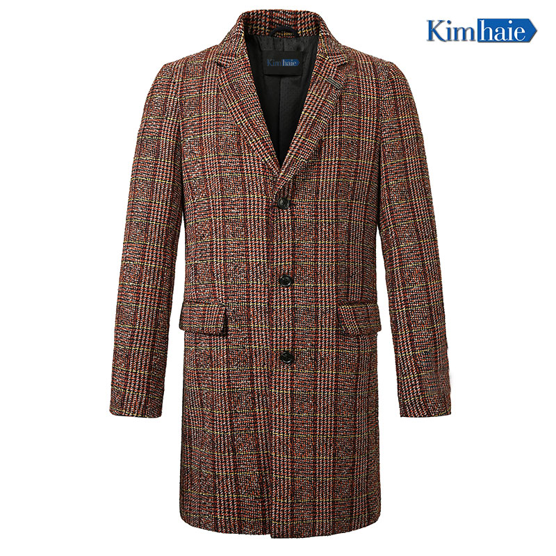 Mens red check single Breasted notch lapel centre vent longer woolen coat
