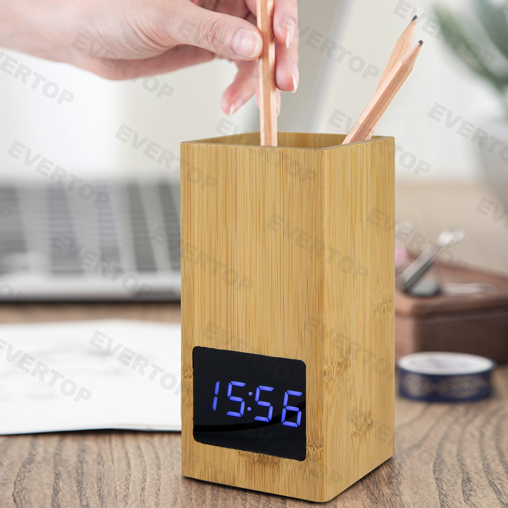 Storage Bamboo LED Table Alarm Clock Et5031
