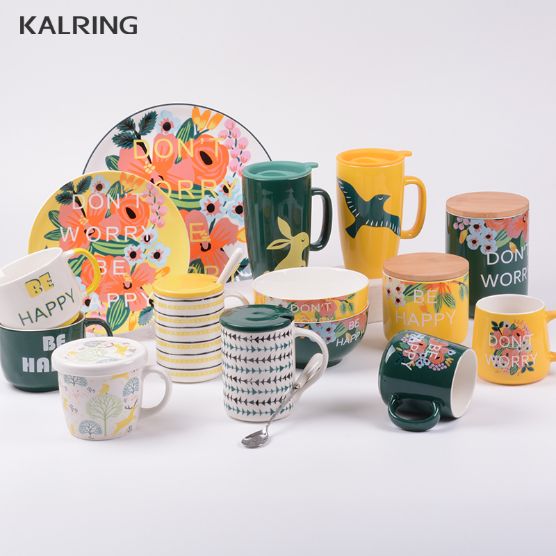 Ceramic dinner set with mug palte bowl and coffee set and pot with light yellow design