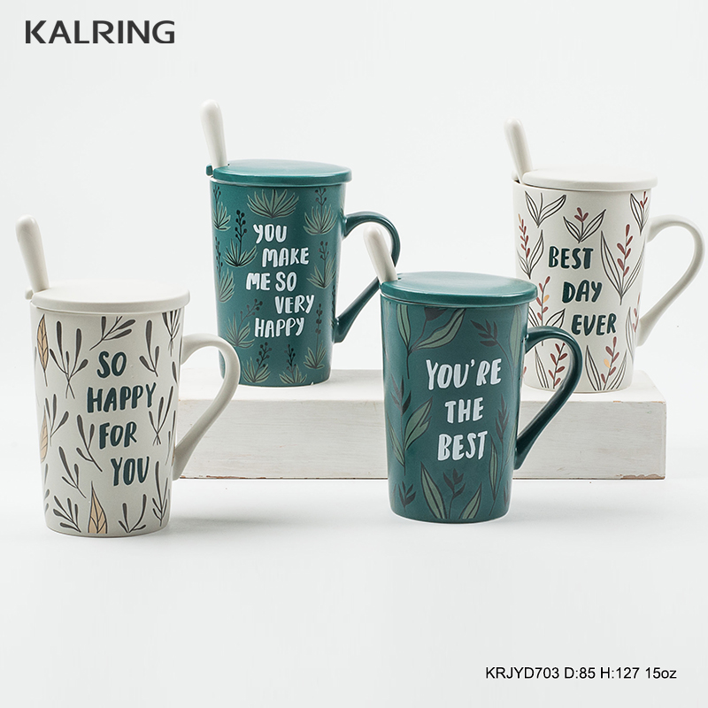 Ceramic mug Christmas mug with matt color glaze with decal printing with spoon and cover