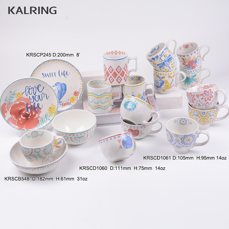 Ceramic dinner set with mug plate and bowl with stoneware with hand-painting design