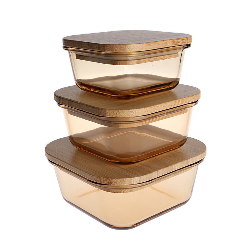 Heat resistant glass food container with bamboo lid