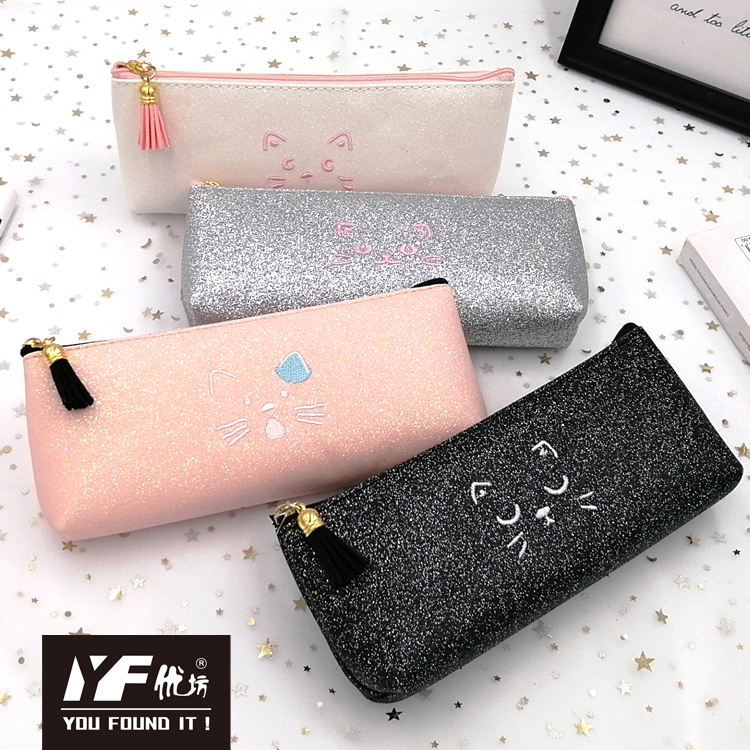 Y.F. Custom embroidery cat style cute shiny PU zipper pencil case