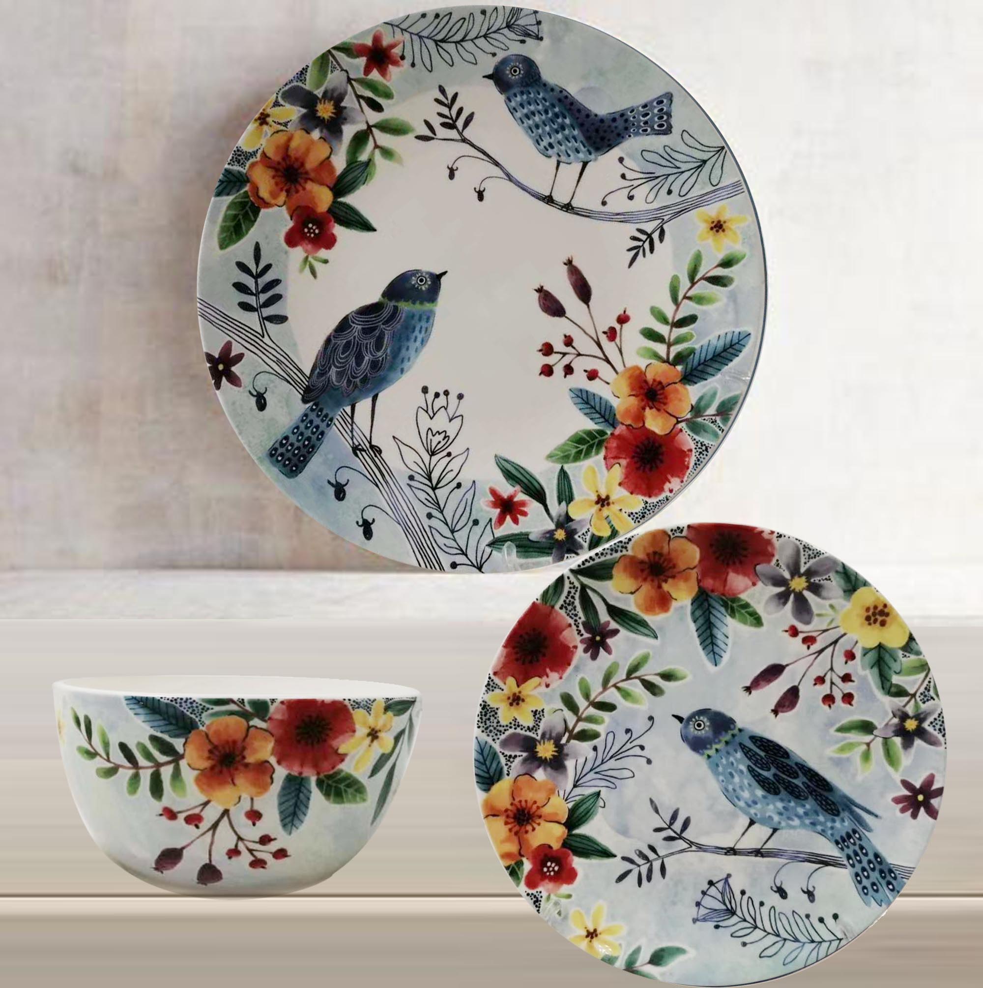 colorful bird dinnerware & tabletop