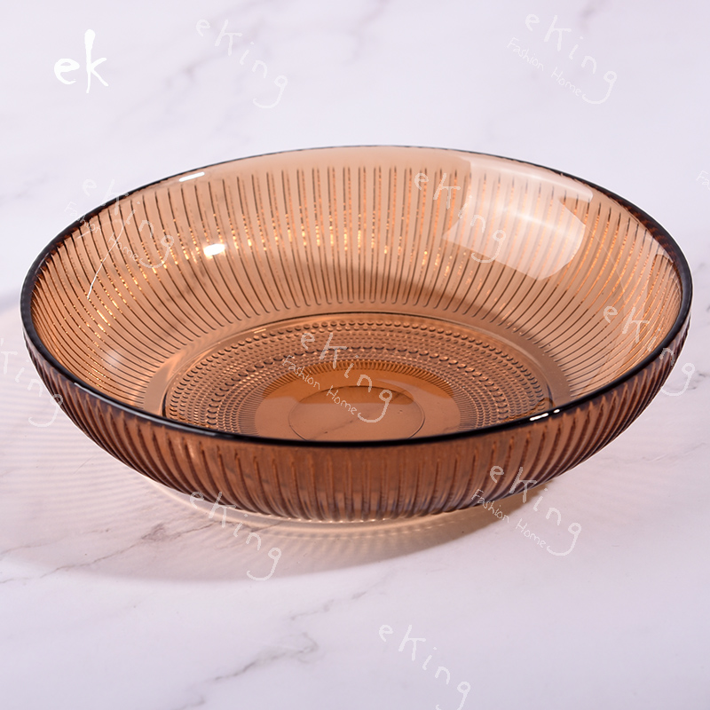 ##EKING handblown glassware glass dish with base stripe pattern nordic style brown color