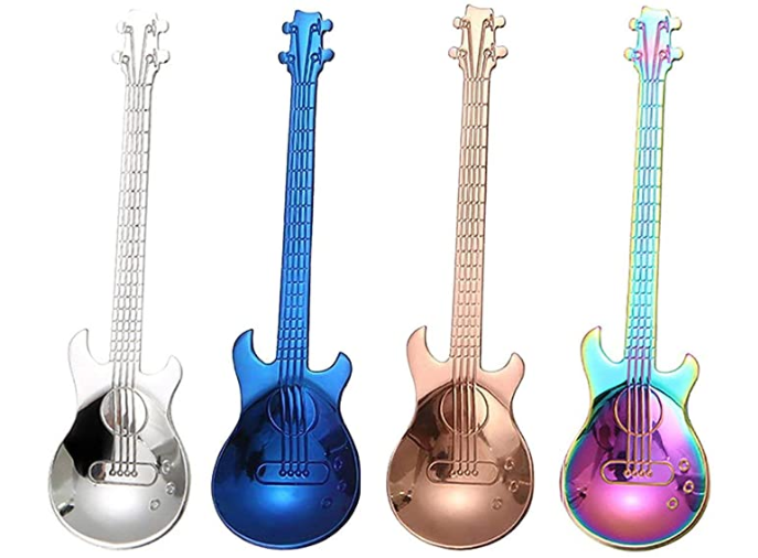 4Pcs Colorful Guitar Spoon Set, stainless Steel Musical Demitasse Spoon Cute Kitchen Utensil for Stirring Mixing Sugar Dessert Jam Ice Cream Coffee Milkshake Tea Spoon Dishwasher Safe
