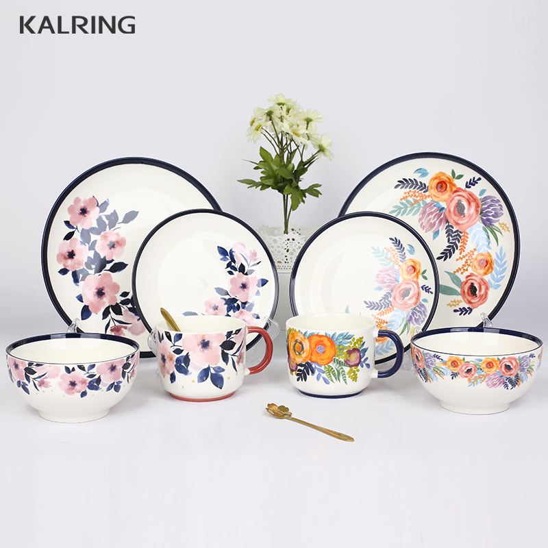Ceramic dinner set with mug plate and bowl with colorful handle and rim with hand painting design