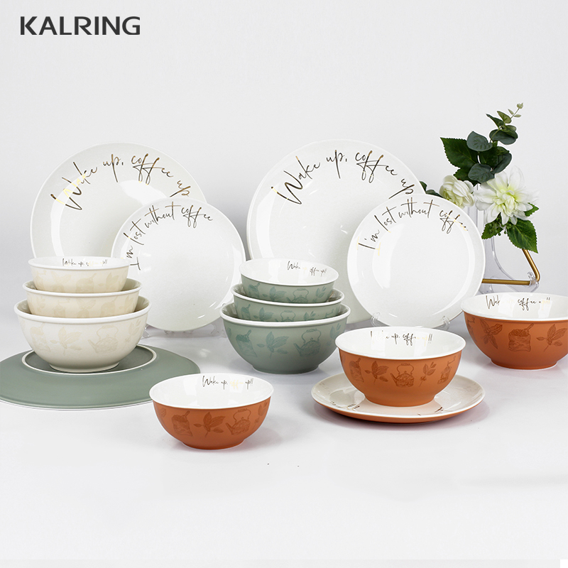 Ceramic color glaze bowl and plate with mocha series decal