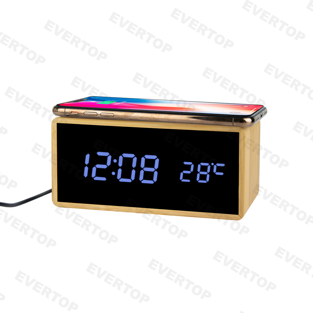Fashion Bamboo Wireless Phone Charge With LED Table Clock Et5029
